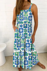 Floral Mixed Pattern Ruffle Flutter Sleeve Buttoned Dress Turquoise OutfitFlow